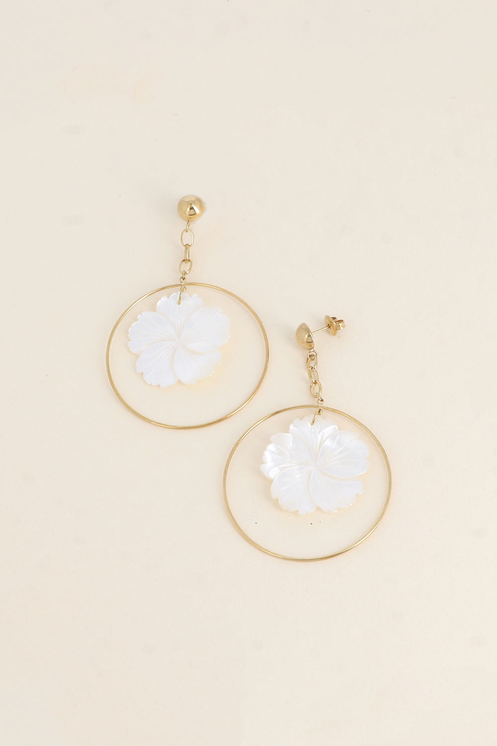 Wholesaler Bohm - Dangling earrings - half sphere, chain, delicate hoop, and mother-of-pearl flower