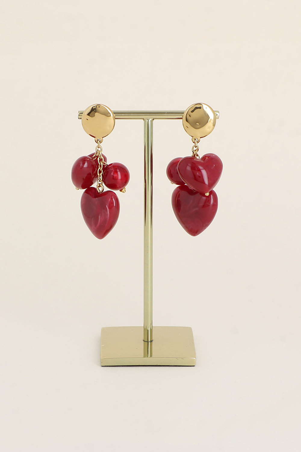 Grossiste Bohm - Boucles pendantes - pièce plate ronde, 2 perles coeurs et boule en résine
