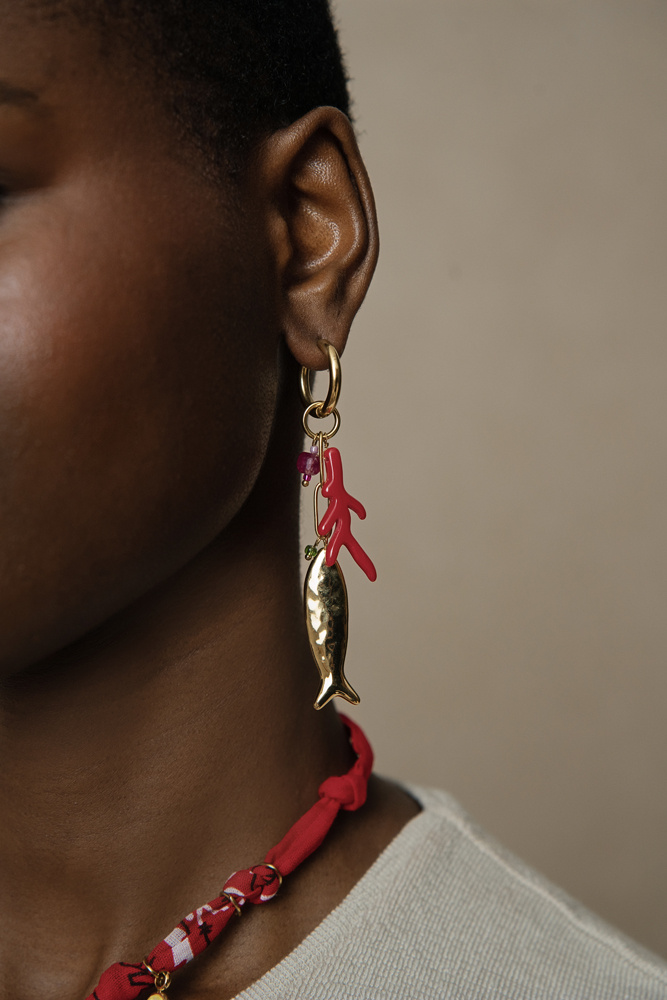 Wholesaler Bohm - Hoop Earrings - fish, resin coral, cubic natural stone