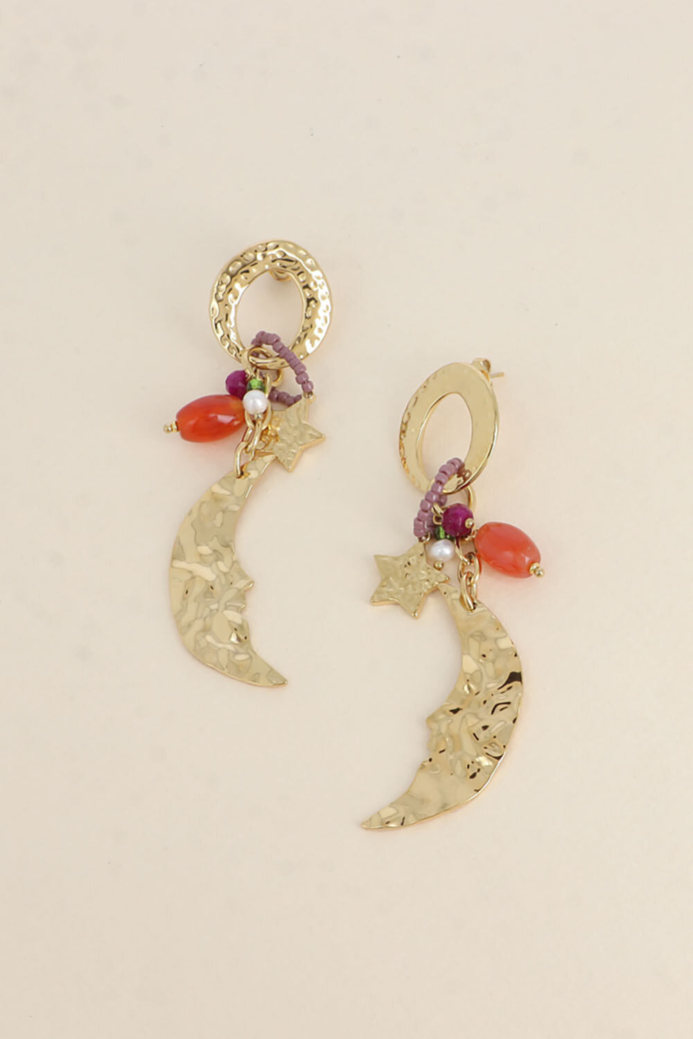 Wholesaler Bohm - Dangling earrings - hammered hoop, beads, and crescent moon