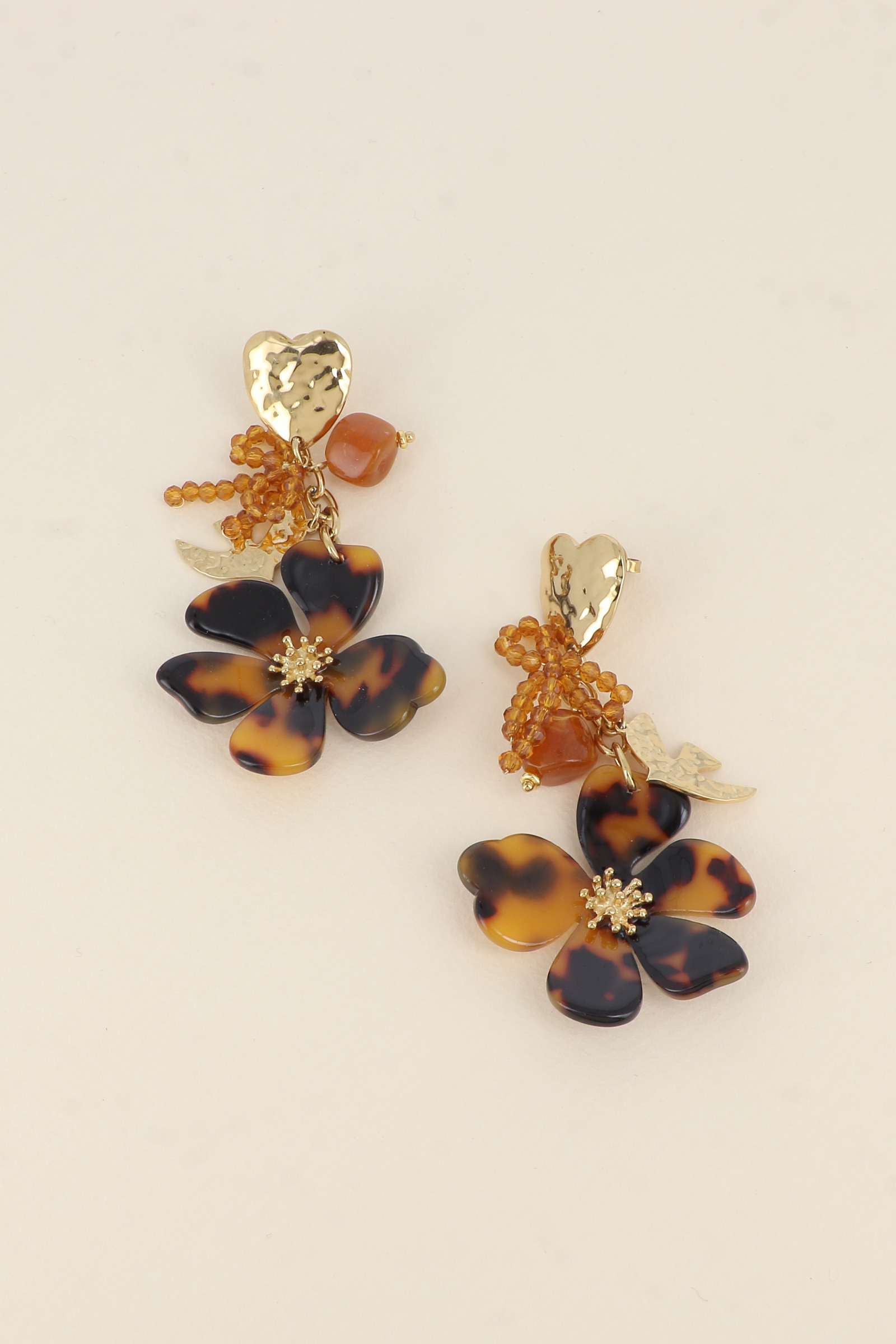 Mayorista Bohm - Pendientes colgantes - corazón martillado, pajarita con cuentas, flor de resina de leopardo