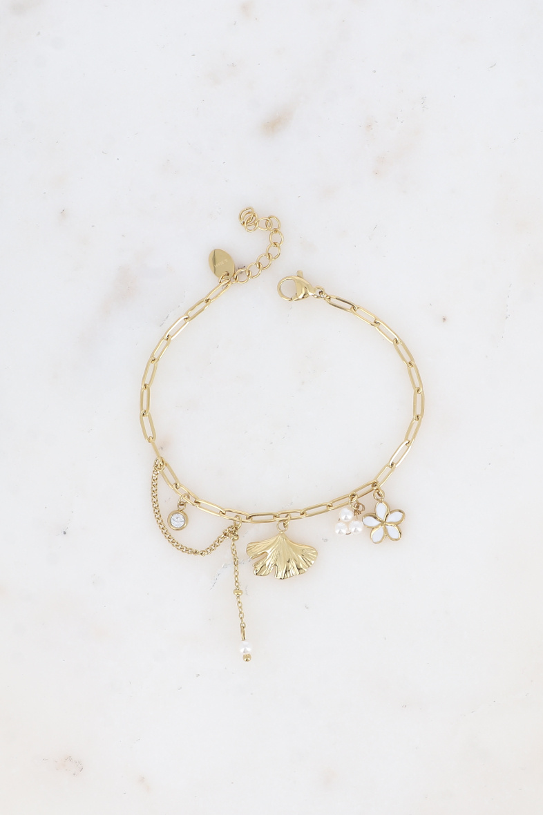 Grossiste Bohm - Bracelet en acier - perles de résine/pierres naturelles, fleur émaillée, ginko
