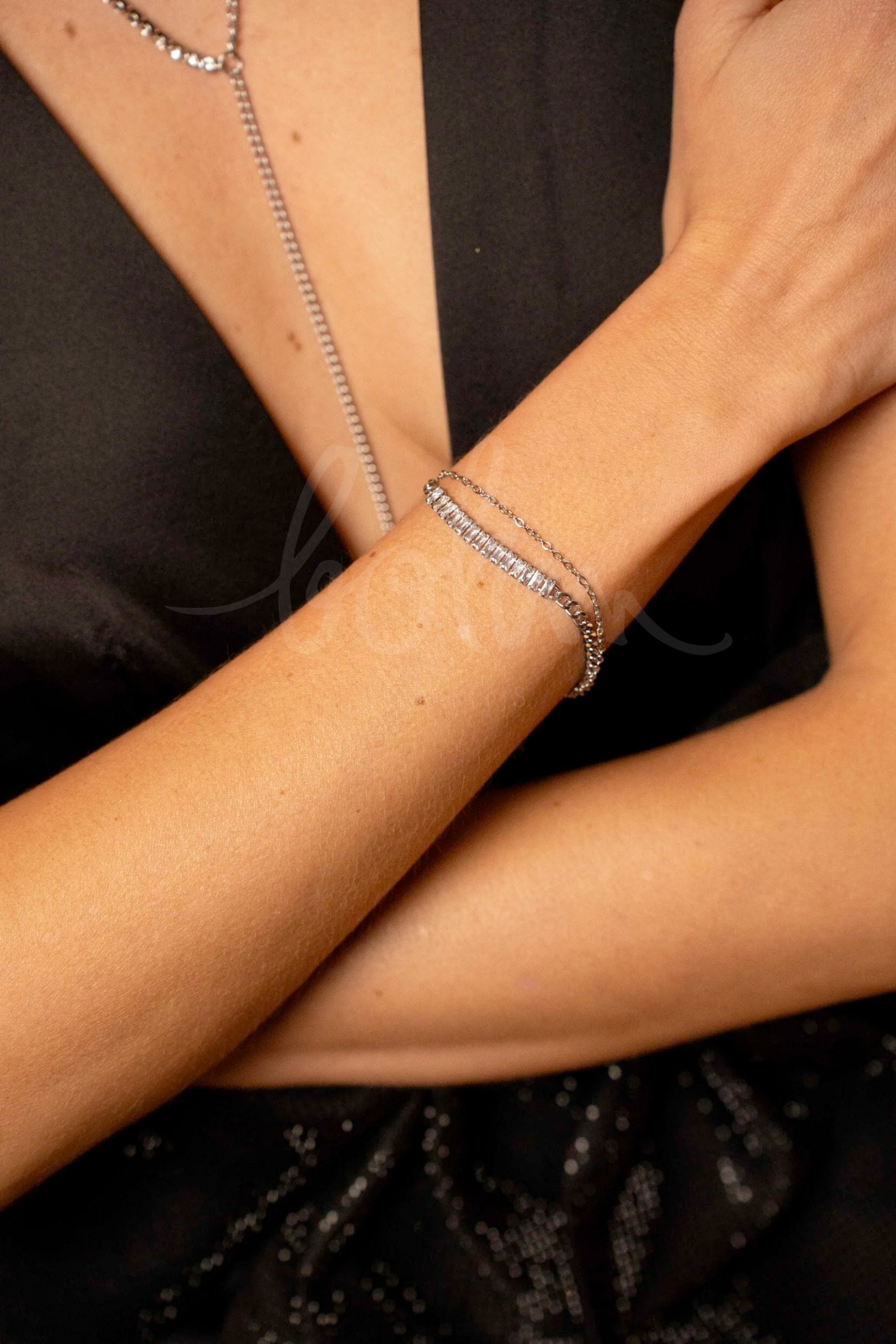Grossiste Bohm - Bracelet Lorelia - 2 rangs, chaîne rivière avec maille gourmette, maille forçat