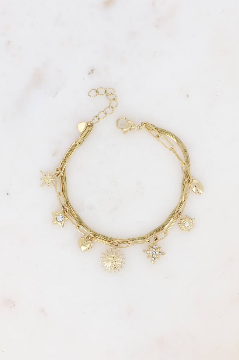 Grossista Bohm - Bracciale a due file - rete ovale e specchiata, 7 pendenti a stella, cuore e sole