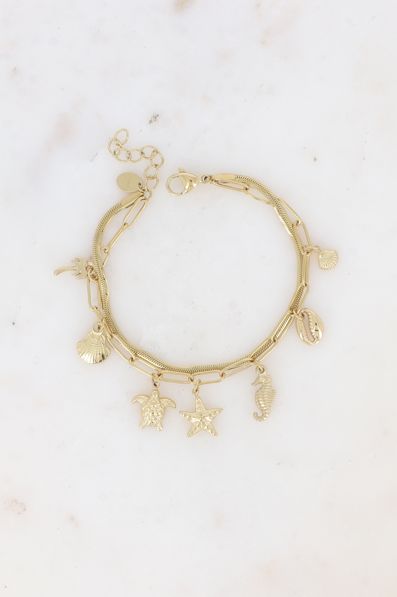 Mayorista Bohm - Pulsera de 2 hileras - malla de espejo, 7 borlas marinas (conchas, tortuga)