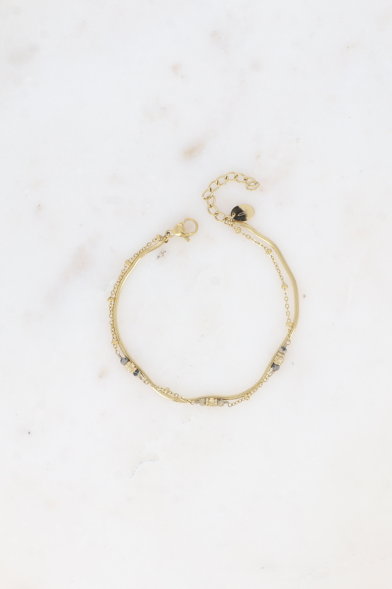 Grossiste Bohm - Bracelet 2 rangs - maille miroir, perles diamantées et pierres naturelles