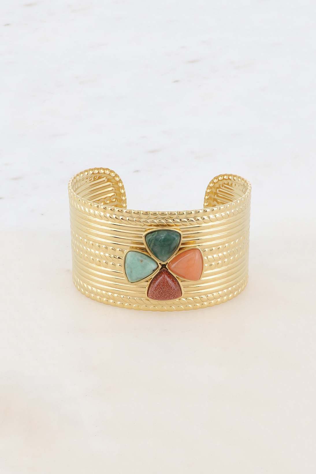 Wholesaler Bohm - Cuff - 4 natural triangular clover effect stones