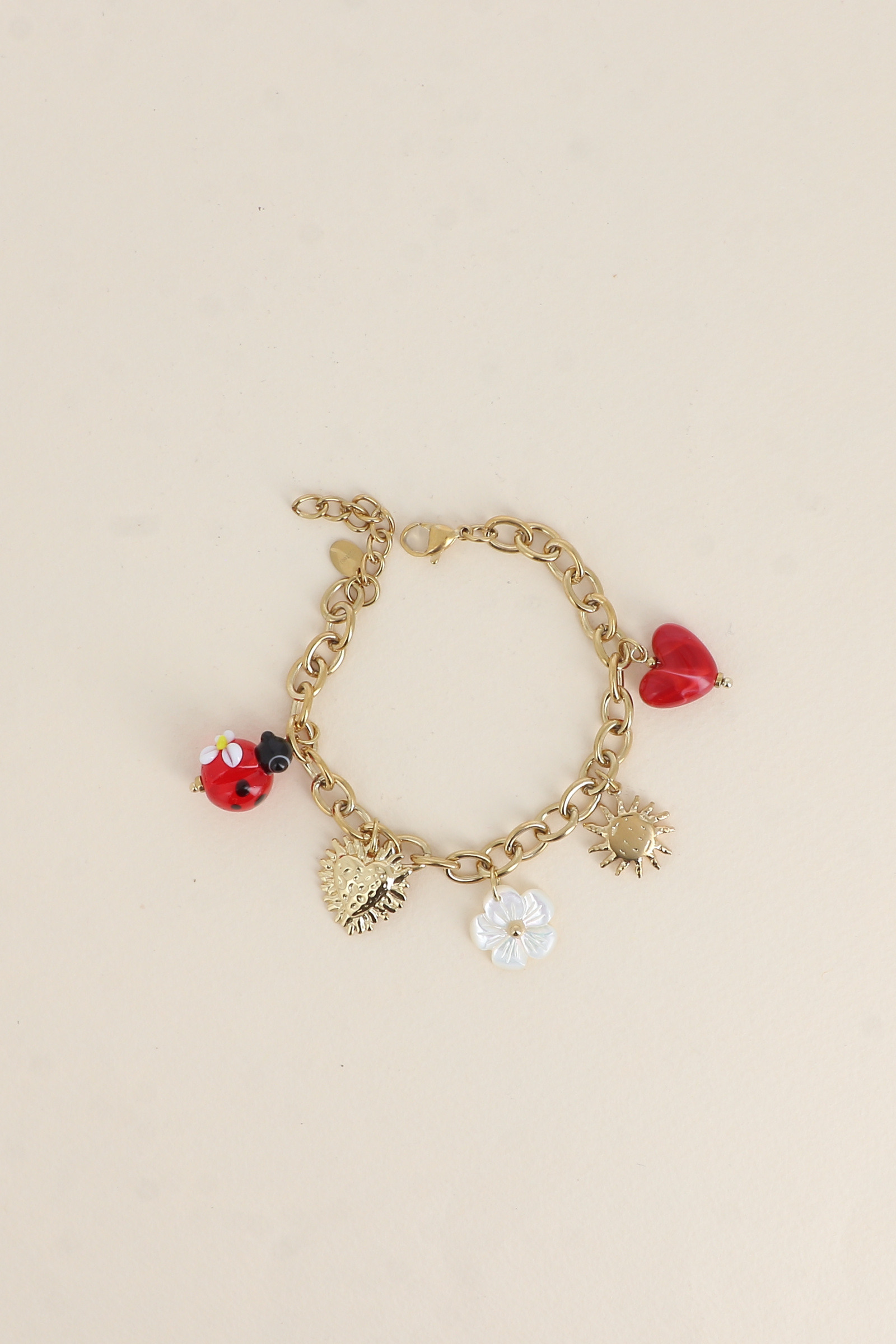Wholesaler Bohm - Bracelet - charms (resin ladybug, pearly flower, heart, sun)