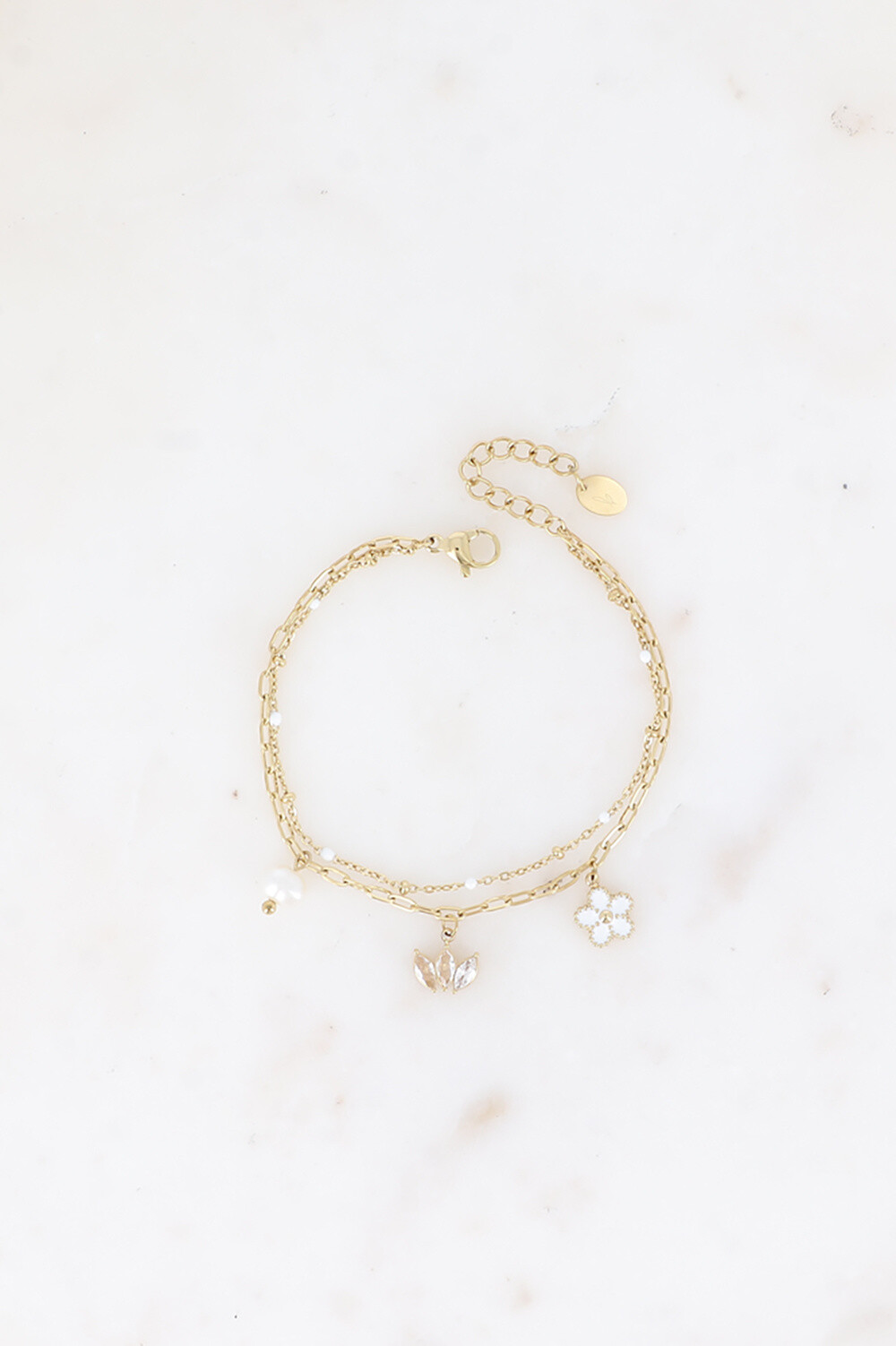 Grossista Bohm - Bracciale a 2 file: smalto, fiore, diadema di cristallo, perla d'acqua dolce