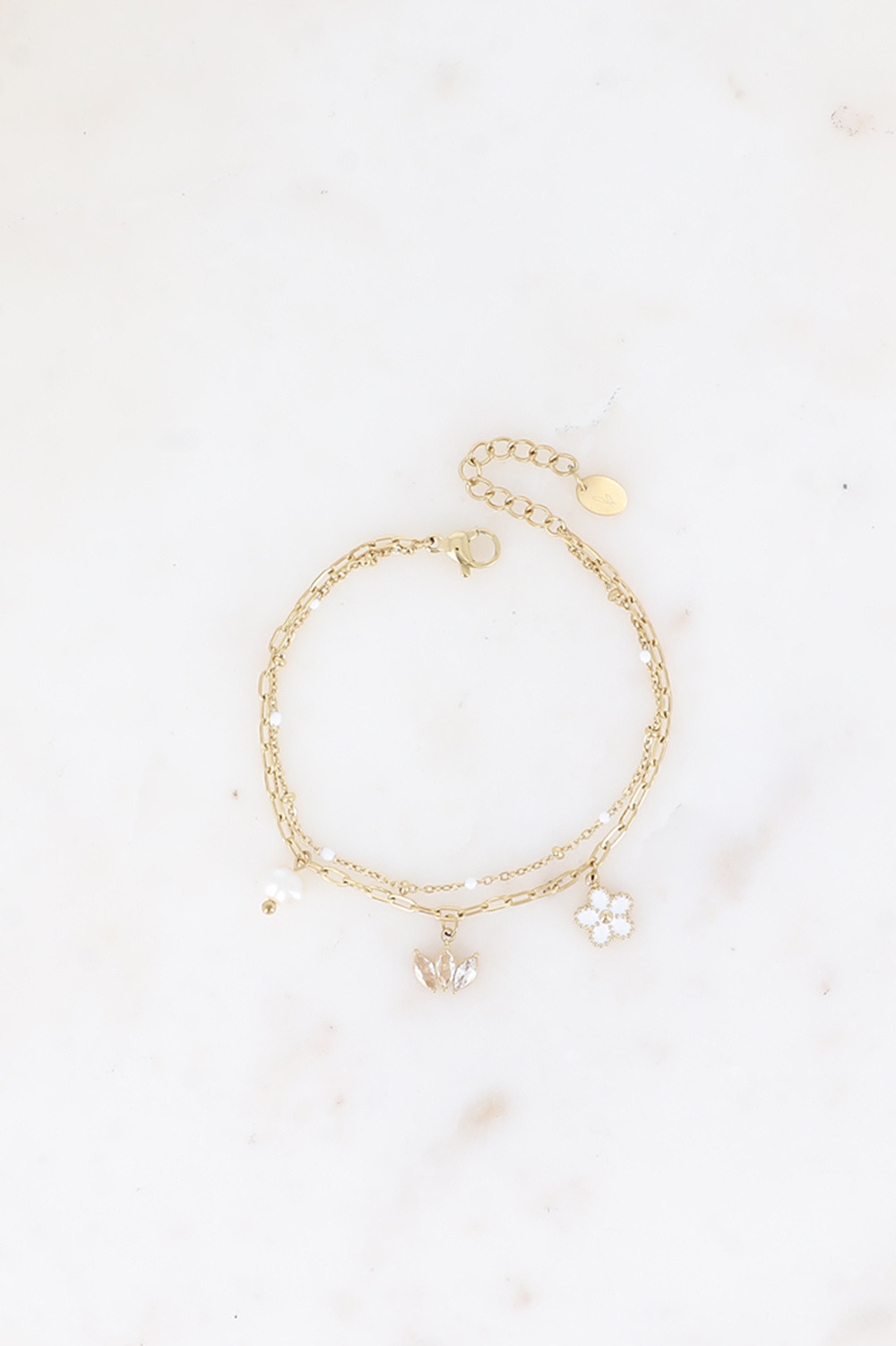 Grossiste Bohm - Bracelet 2 rangs - émail, fleur, diadème de cristaux, perle d'eau douce