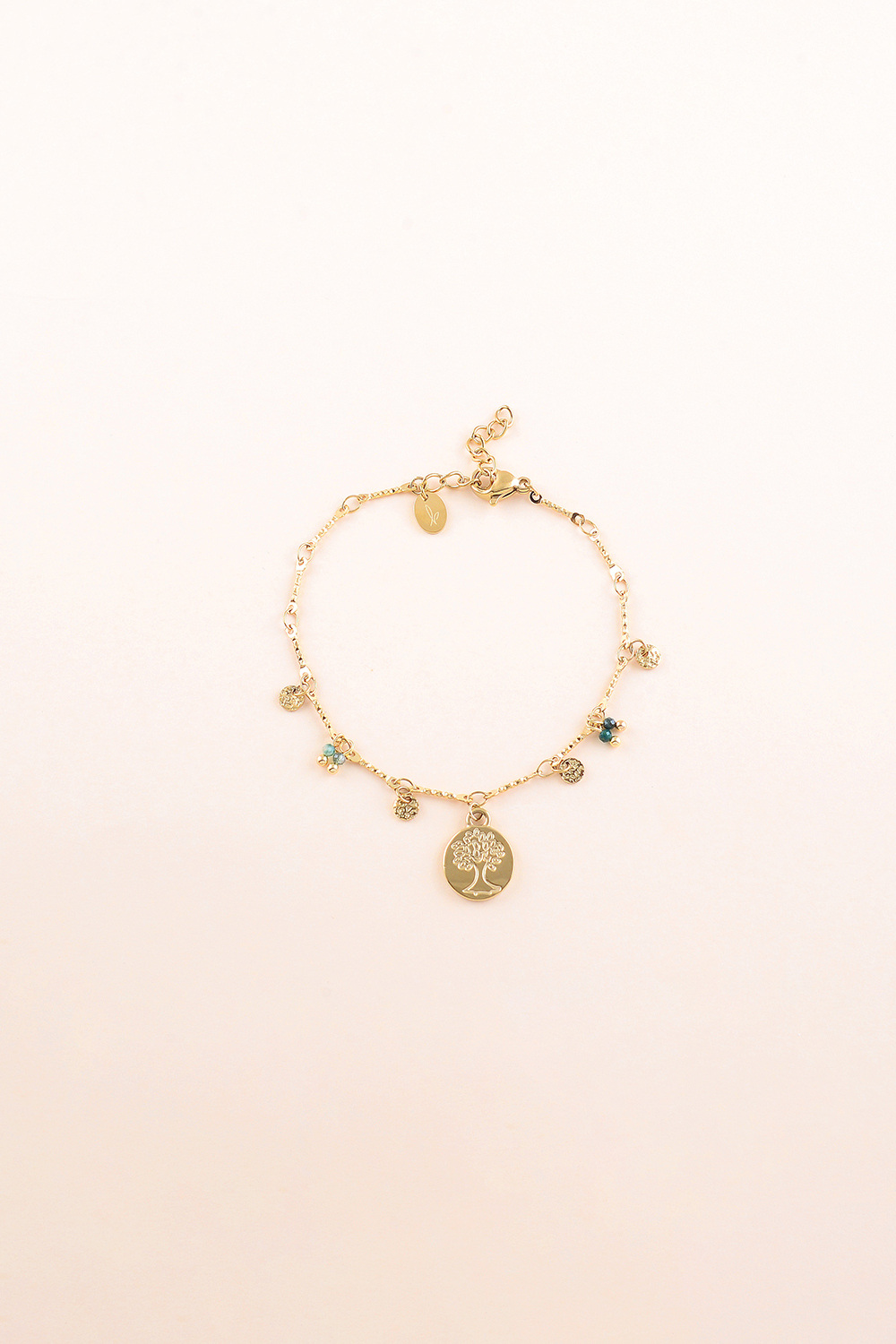 Grossiste Bohm - Bracelet - pastilles rondes martelées, pierres naturelles et pendentif arbre de vie