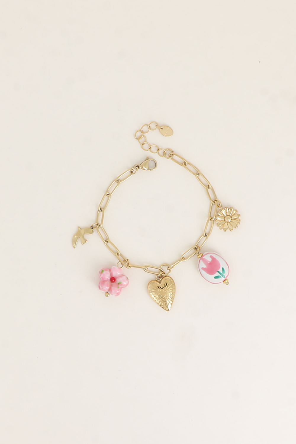 Grossiste Bohm - Bracelet - fleur et ovale en céramique émaillée, oiseau, coeur, fleur