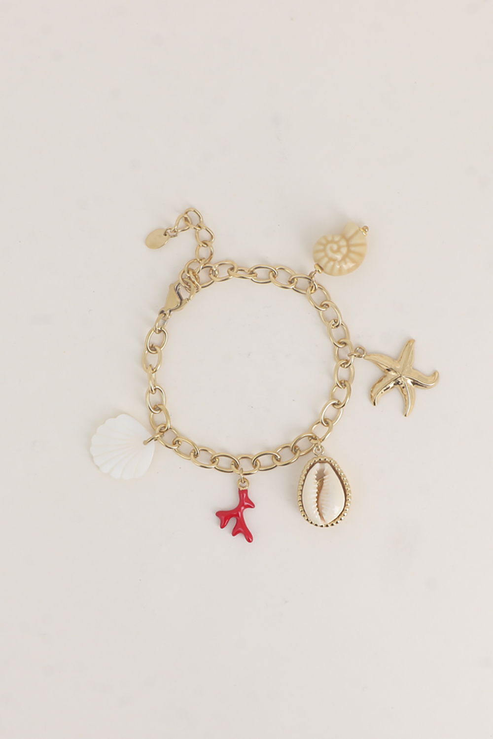 Mayorista Bohm - Pulsera - dijes marinos (concha de nácar, coral esmaltado, cauri natural, estrella de mar, cerámica)