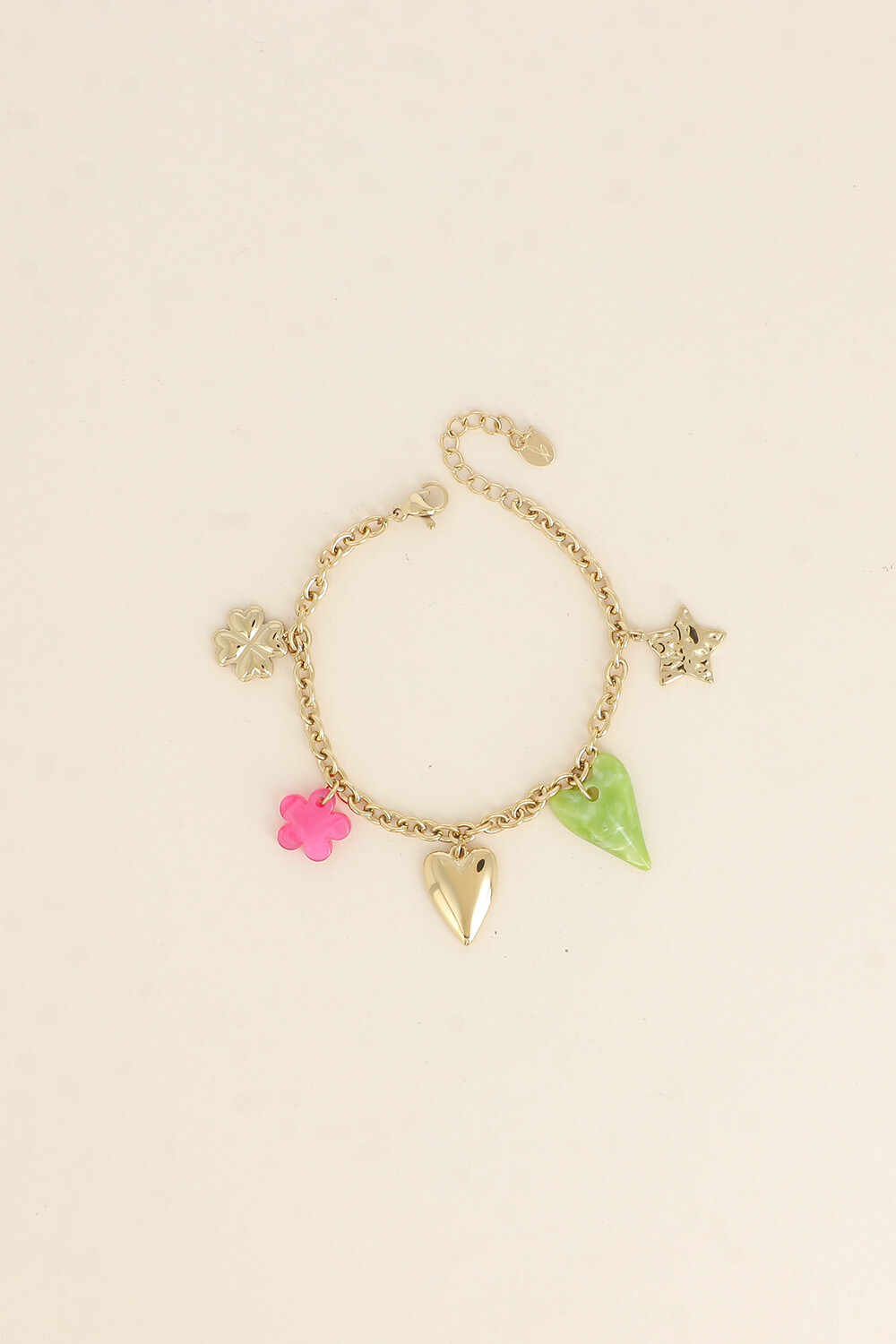 Grossiste Bohm - Bracelet - étoile martelée, coeurs, perle fleur et trèfle