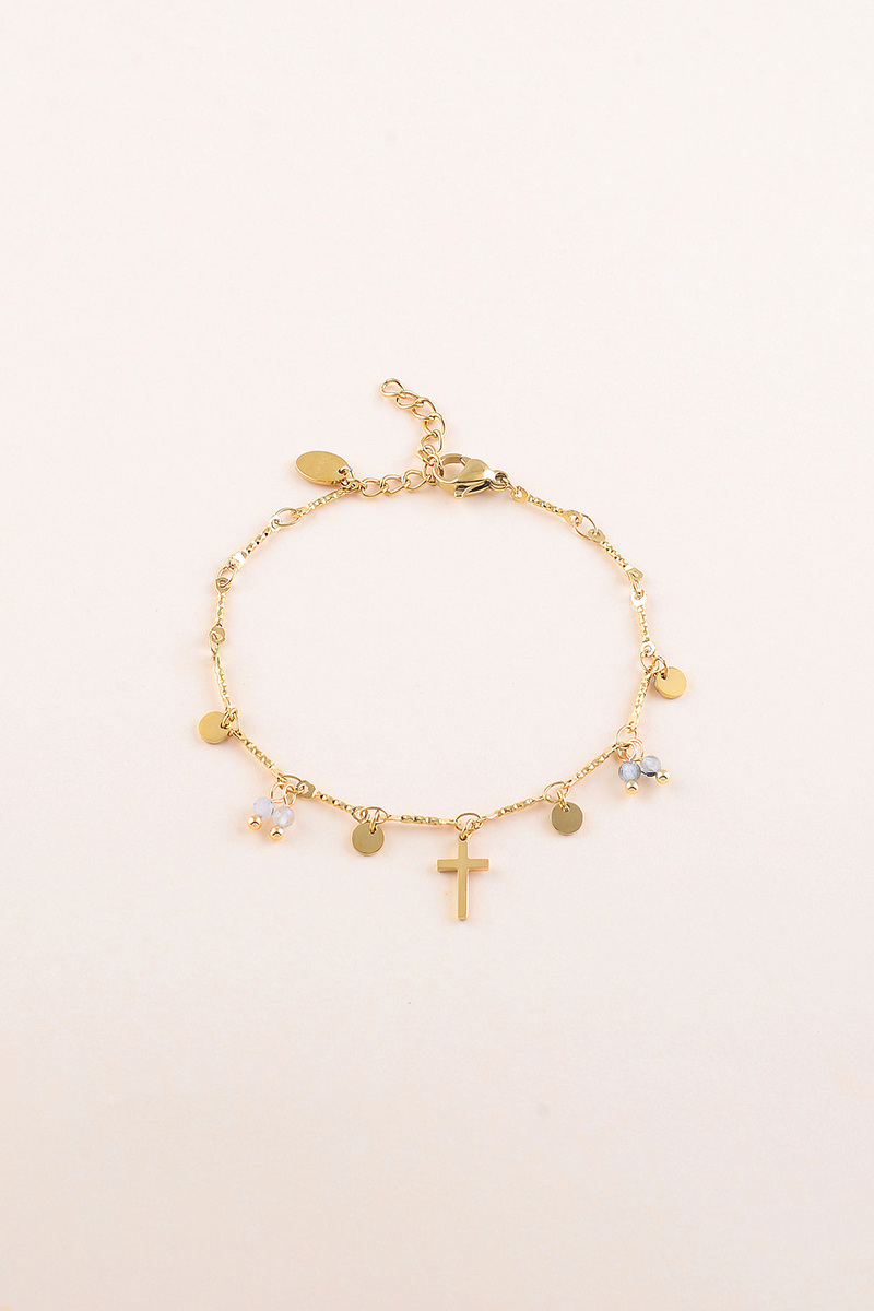 Grossiste Bohm - Bracelet - pastilles rondes martelées, pierres naturelles et pendentif croix religieuse