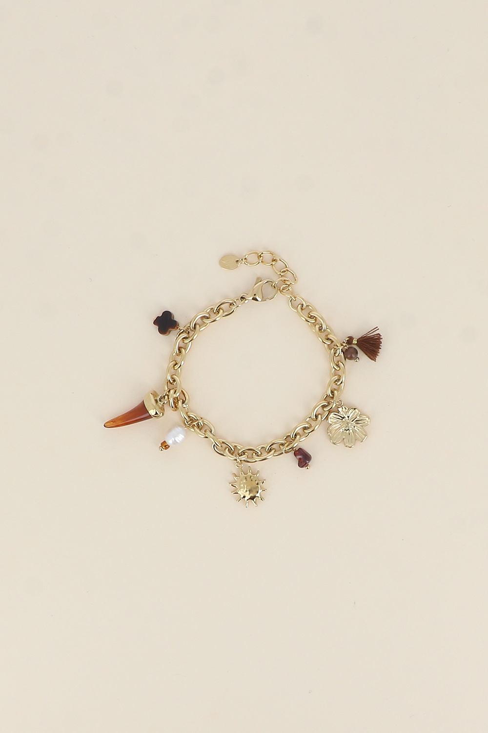 Mayorista Bohm - Pulsera - trébol de piedra natural, perla de agua dulce, sol, luna, borla, cuerno de resina