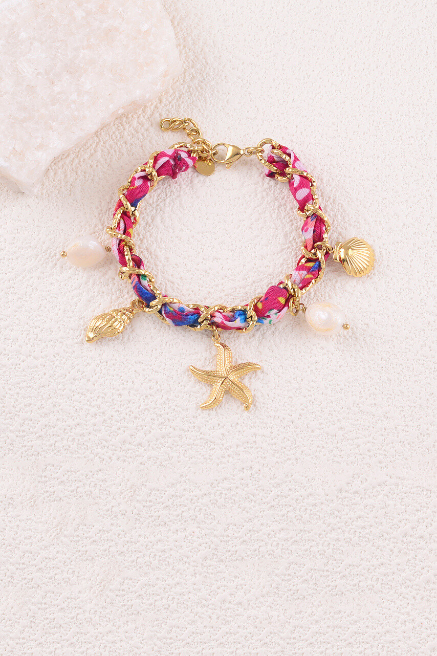 Wholesaler Bohm - Bracelet - braided fabric with mesh, shells, freshwater pearls