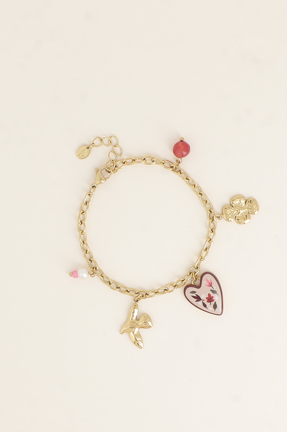 Grossiste Bohm - Bracelet - perle d'eau douce, soleil et coeur émaillé avec des motifs feuillages