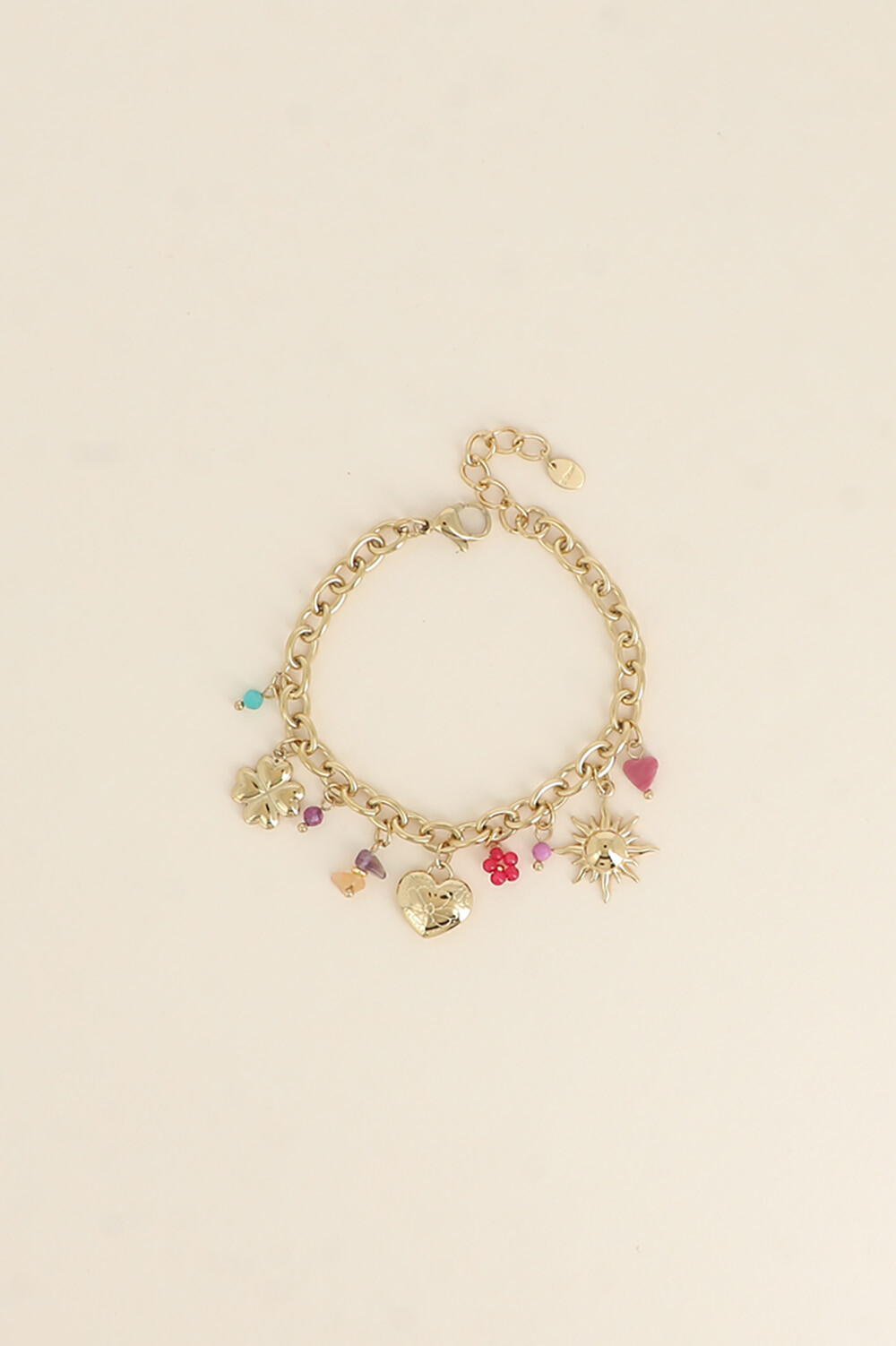 Mayorista Bohm - Pulsera - piedras naturales, sol, corazón con flor grabada y trébol