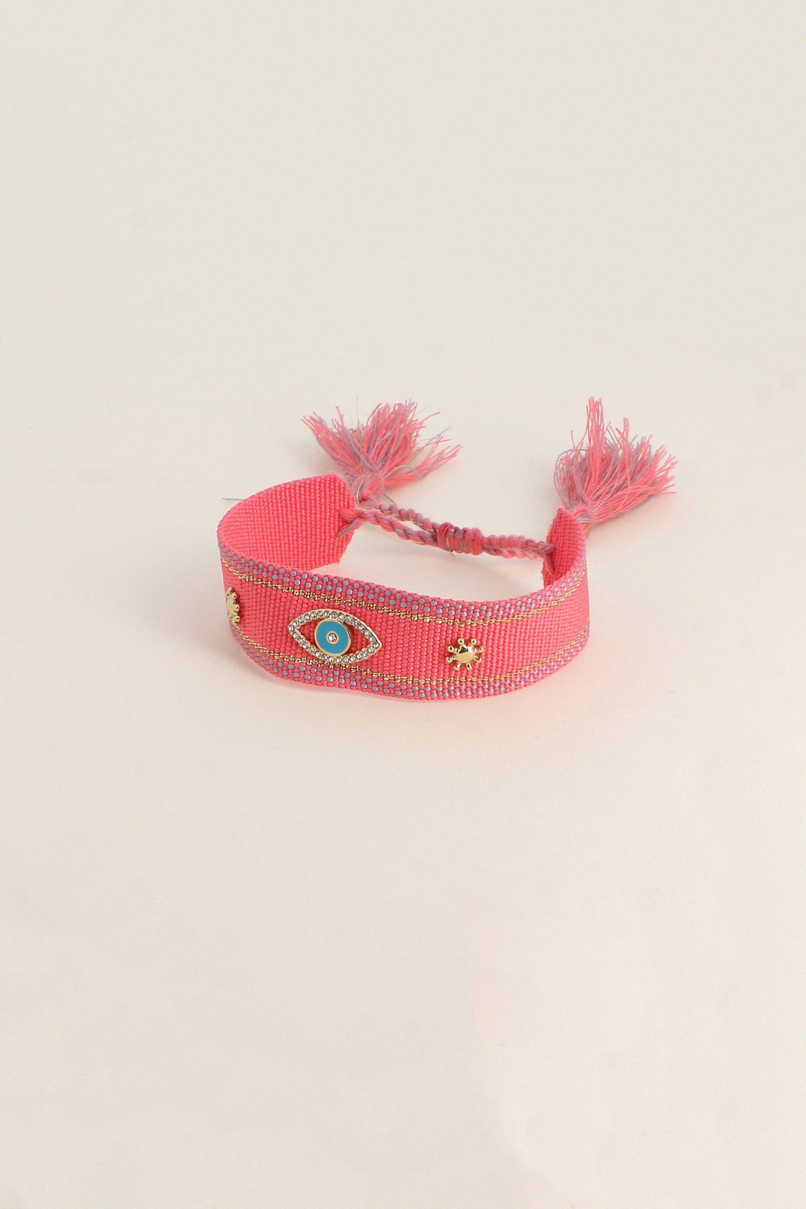 Grossiste Bohm - Bracelet en tissu coulissant - oeil en émail et oxydes de zirconium, pompons