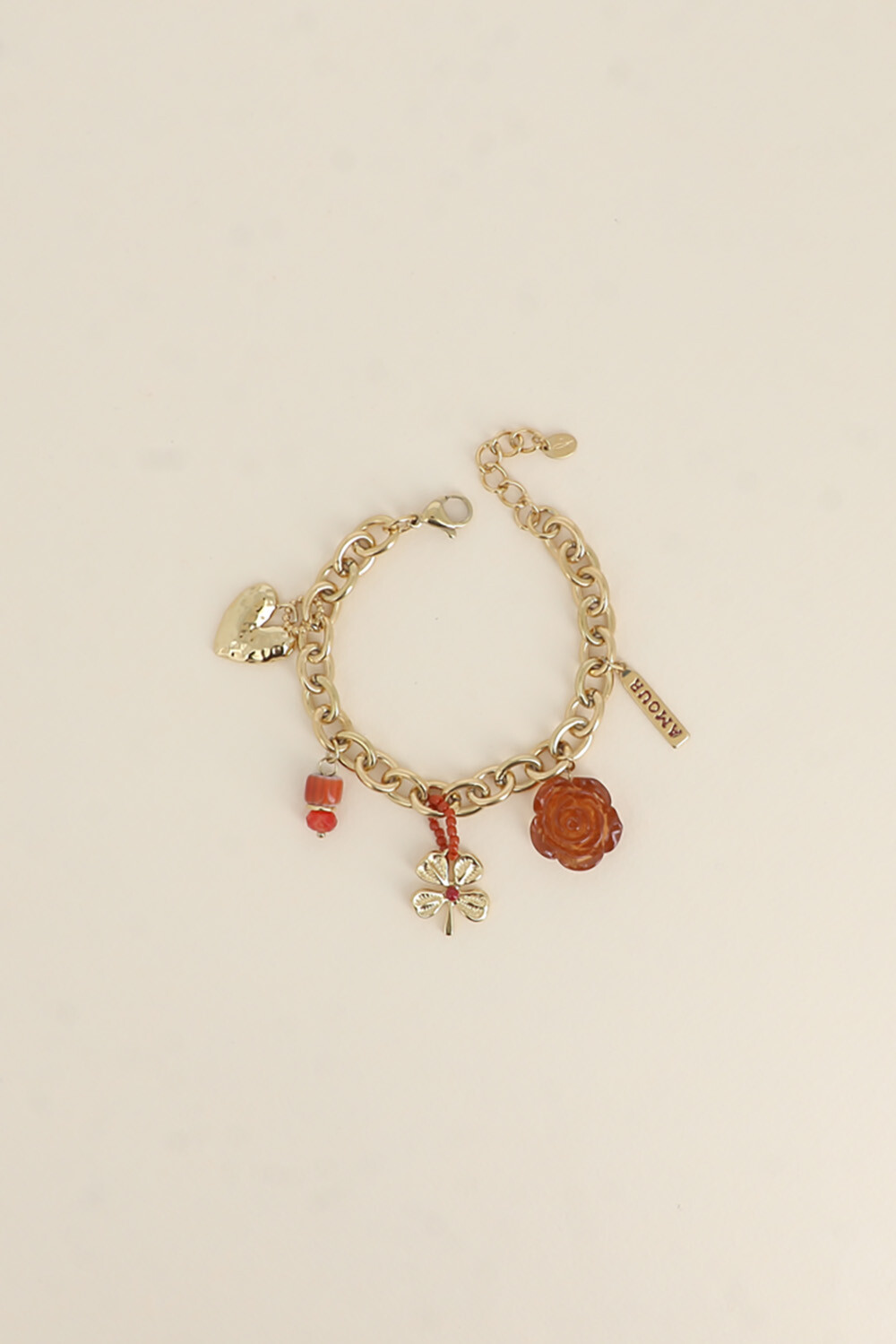 Mayorista Bohm - Pulsera - corazón, cuenta de cerámica esmaltada, trébol, rosa de resina, placa AMOR