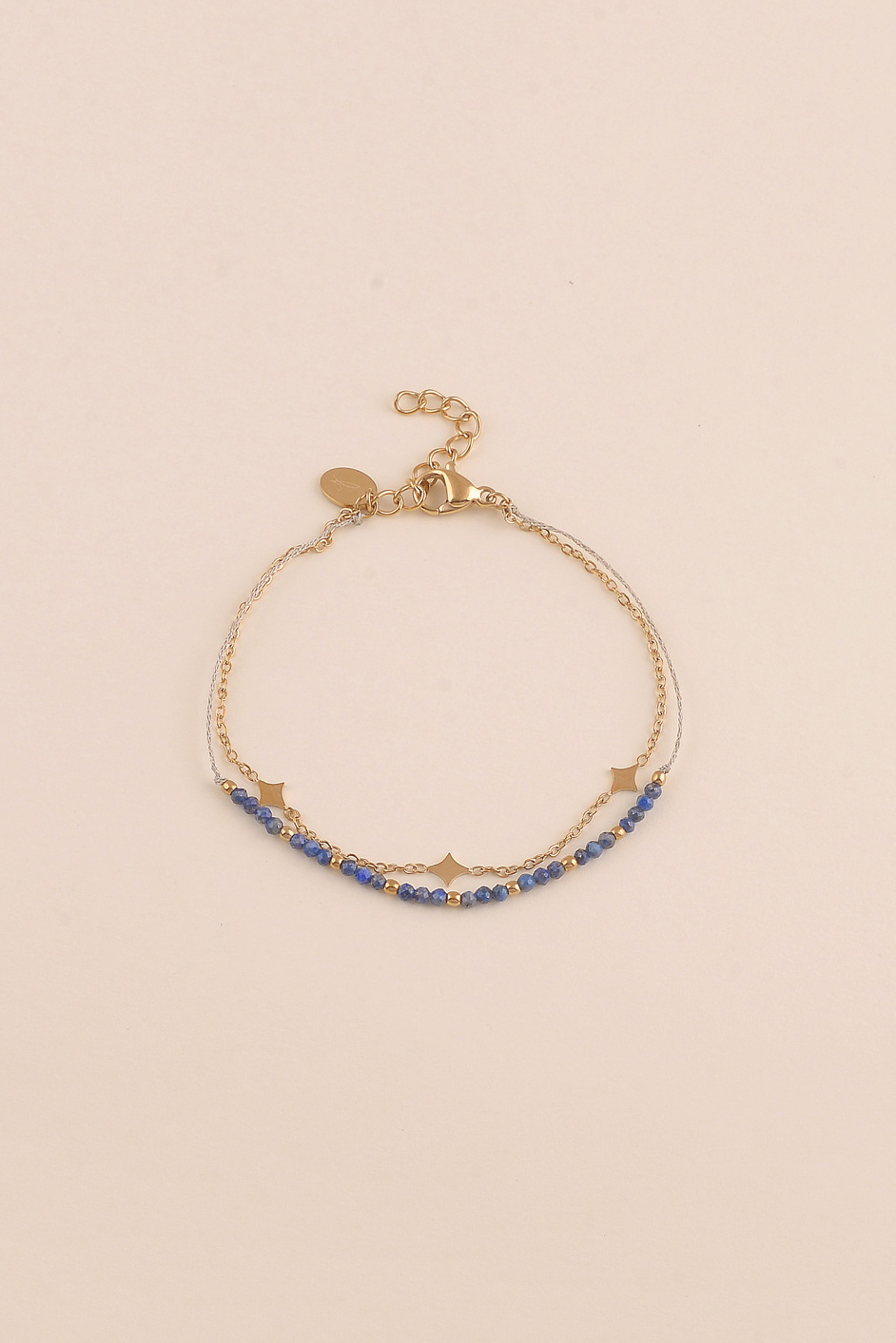 Grossiste Bohm - Bracelet 2 rangs - cordon et pierres naturelles, pampilles losanges