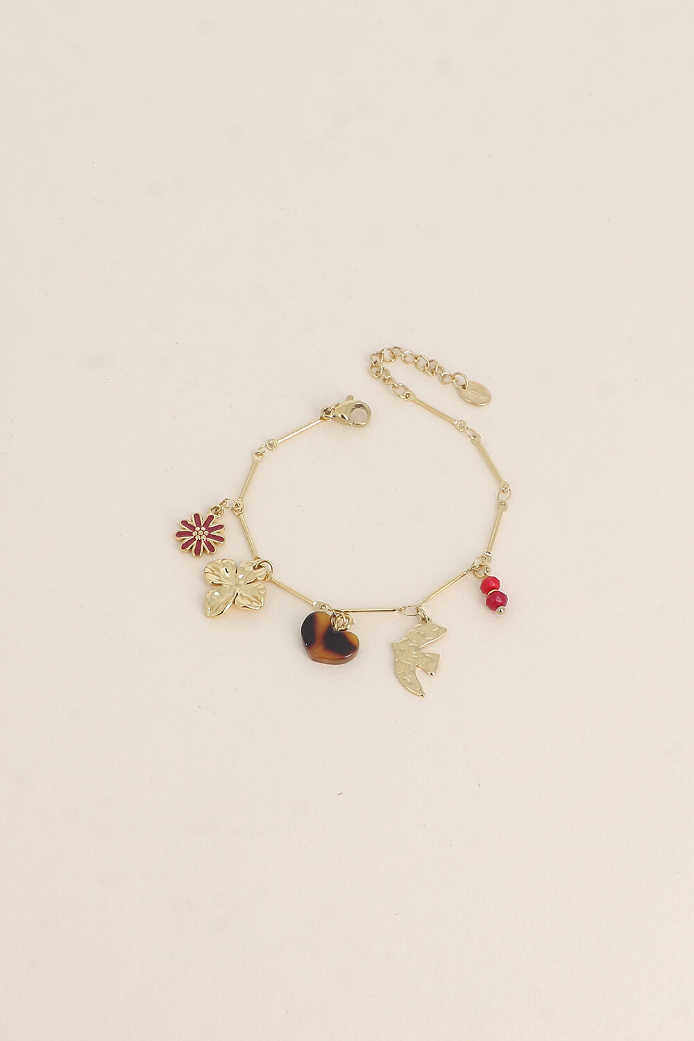 Grossiste Bohm - Bracelet - oiseau et fleur, coeur en résine, fleur en émail, pierres naturelles