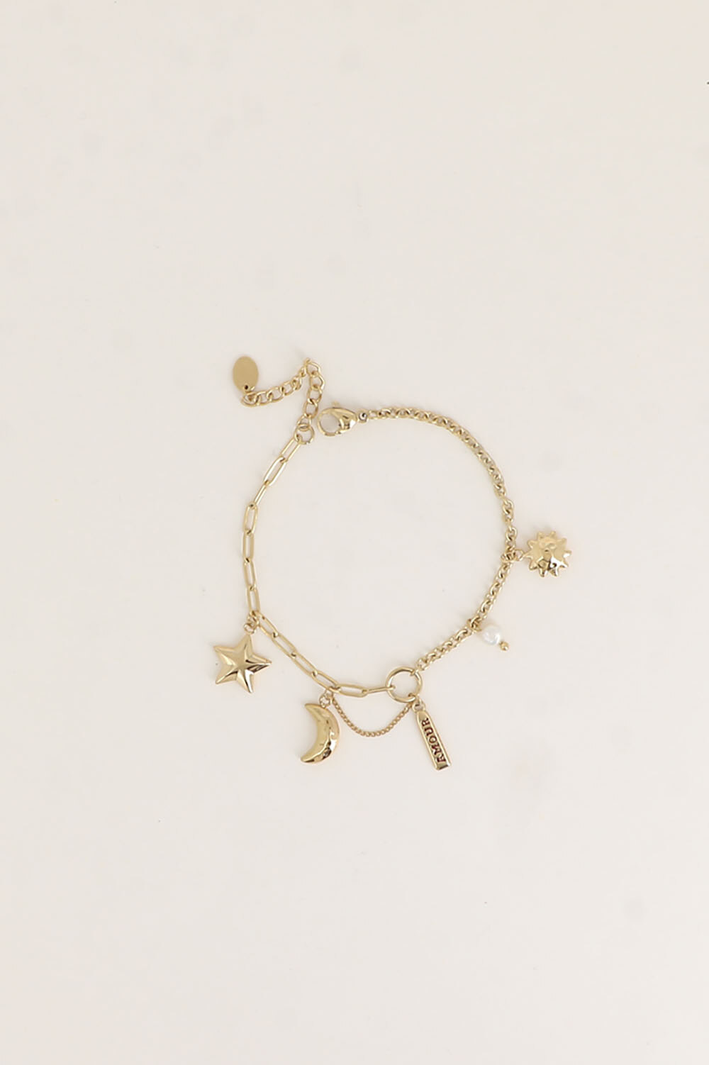 Grossista Bohm - Bracciale - sole, luna crescente, stella, targhetta AMORE, perla d'acqua dolce