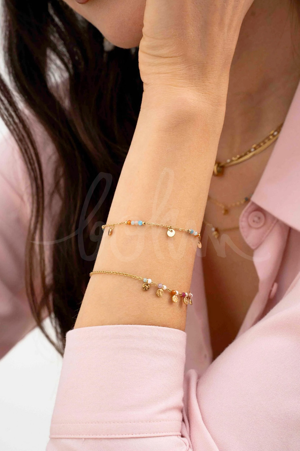 Grossiste Bohm - Bracelet - maille fine avec pampilles rondes et petites pierres naturelles