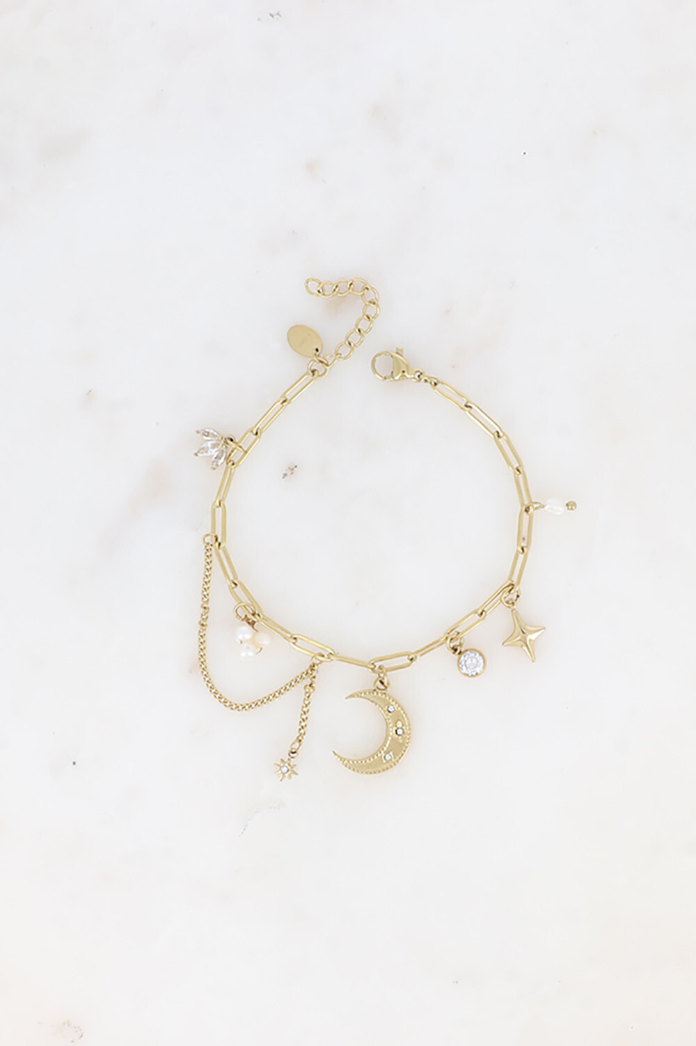 Grossista Bohm - Bracciale - maglia ovale con luna, stella, perle d'acqua dolce e cristalli
