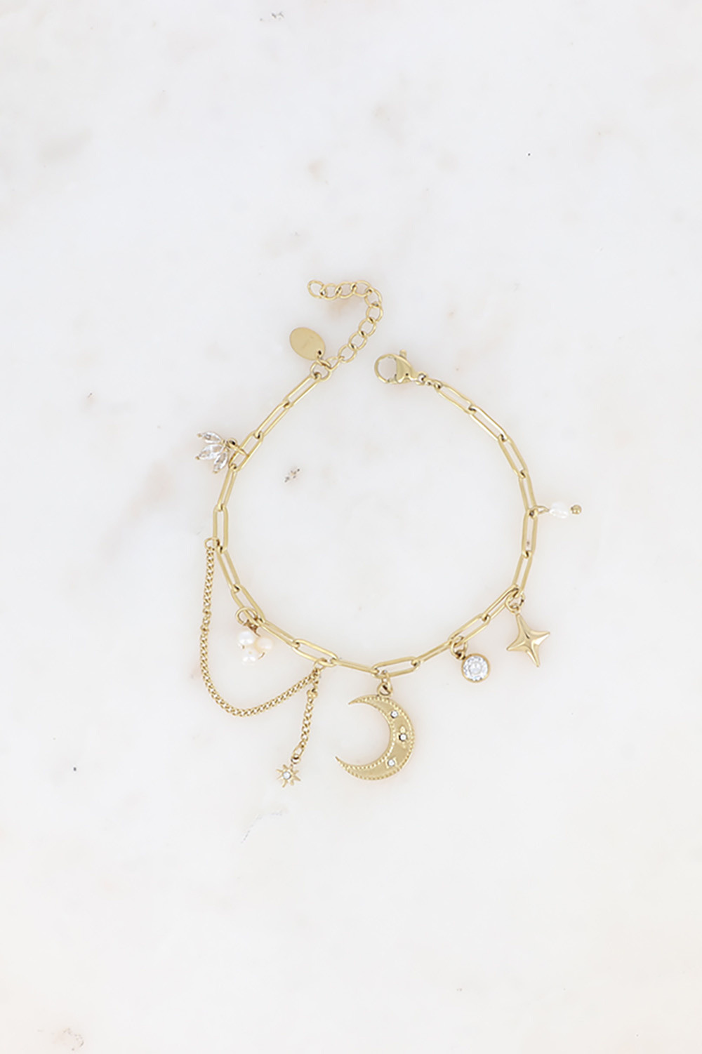 Grossiste Bohm - Bracelet - maille ovale avec lune, étoile, perles d'eau douce et cristaux