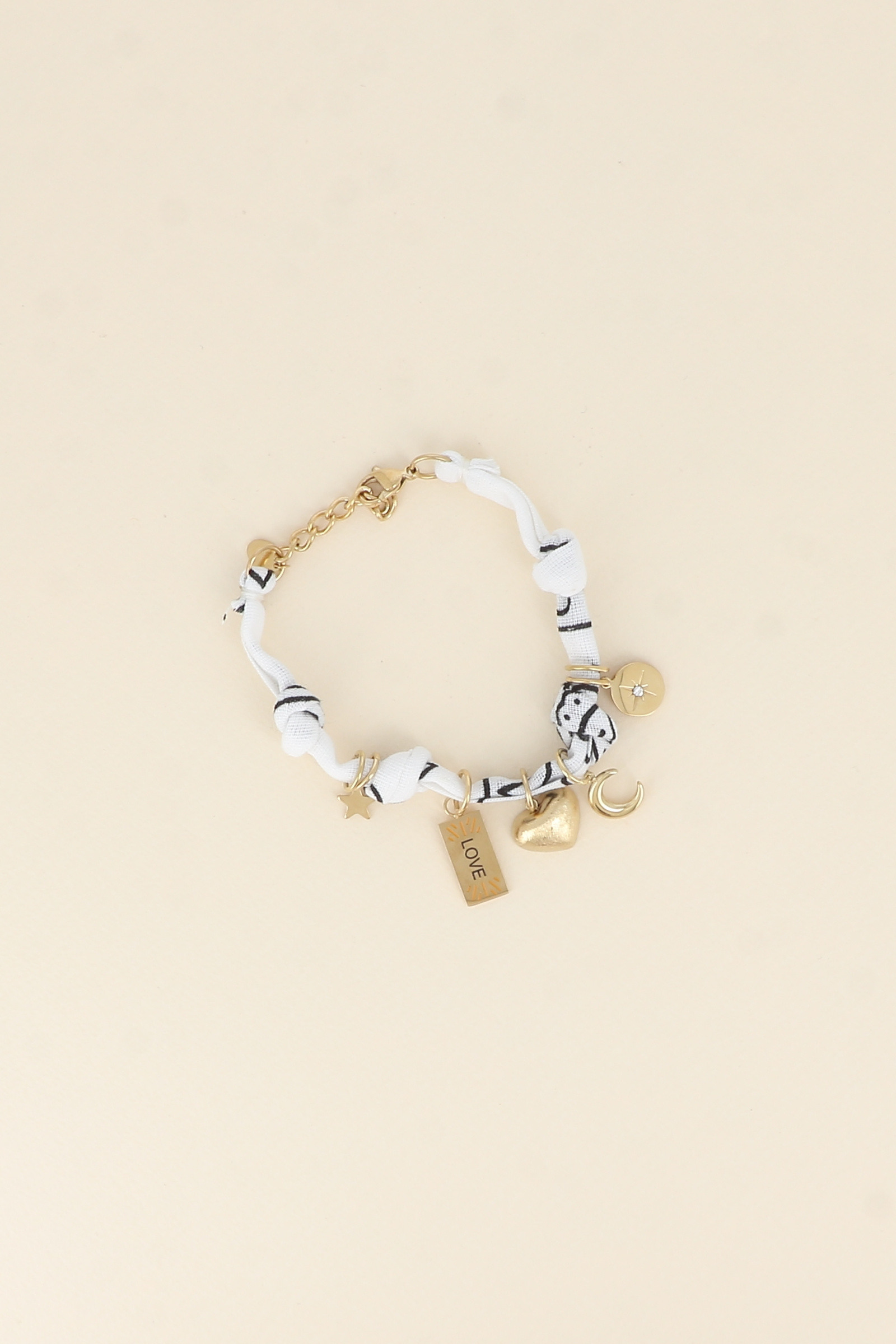 Wholesaler Bohm - Bracelet - ribbon, fabric, and charms (stars, brushed heart, LOVE plate, moon)