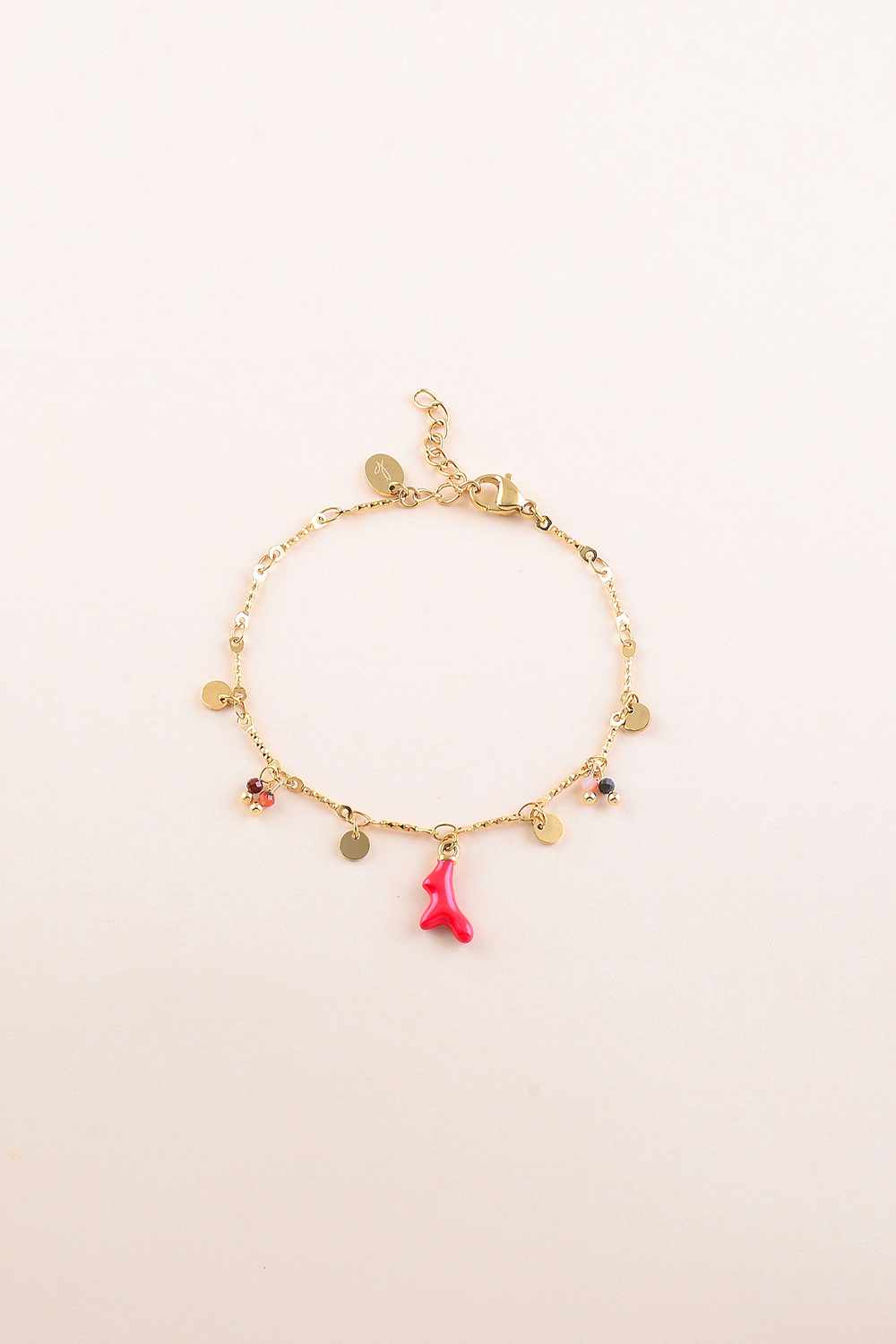 Mayorista Bohm - Pulsera - discos redondos, piedras naturales y colgante de coral esmaltado