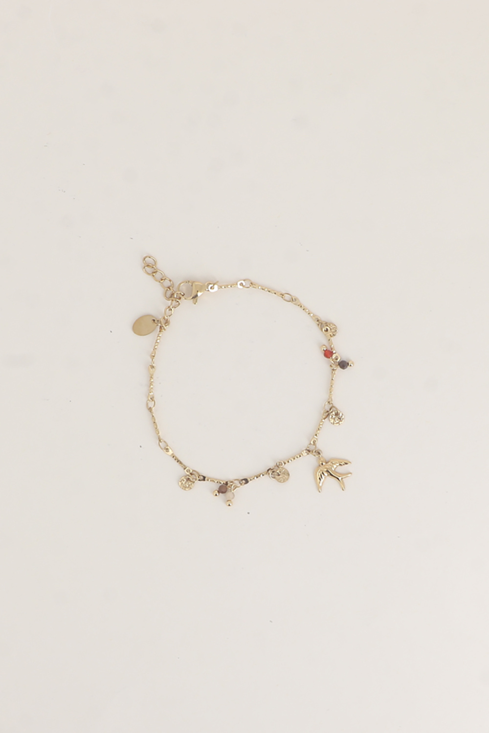 Grossiste Bohm - Bracelet - oiseau, pastilles rondes martelées et pierres naturelles
