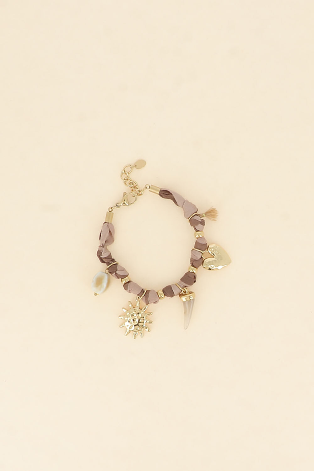 Wholesaler Bohm - Bracelet - ribbon fabric, glazed ceramic bead, sun, resin horn, textured heart