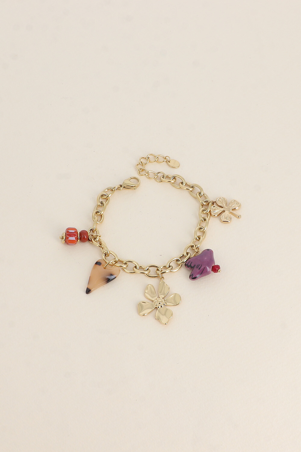 Grossiste Bohm - Bracelet - perles et oiseau en céramique, trèfle, coeur en résine et fleur