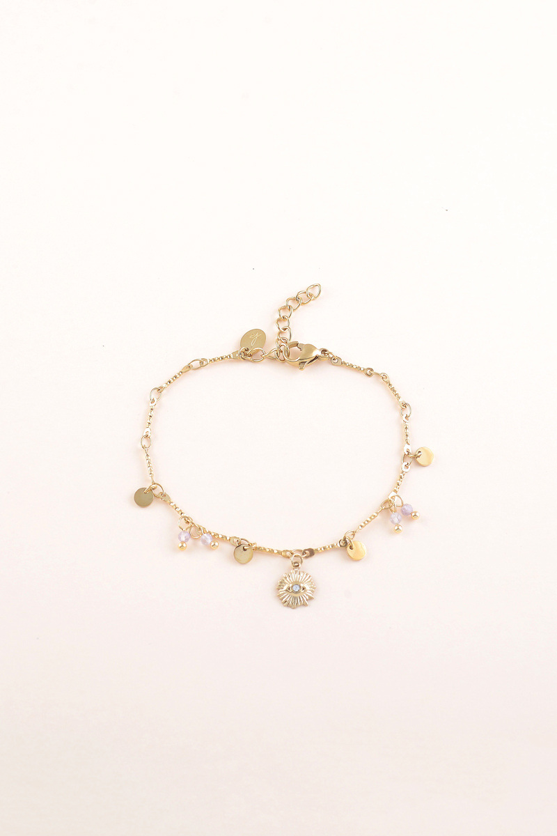 Grossiste Bohm - Bracelet - pastilles rondes, pierres naturelles et pendentif oeil