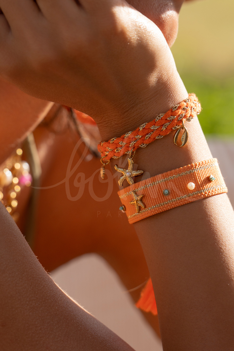Grossiste Bohm - Bracelet en tissu coulissant- oeil en émail et oxydes de zirconium et pompons