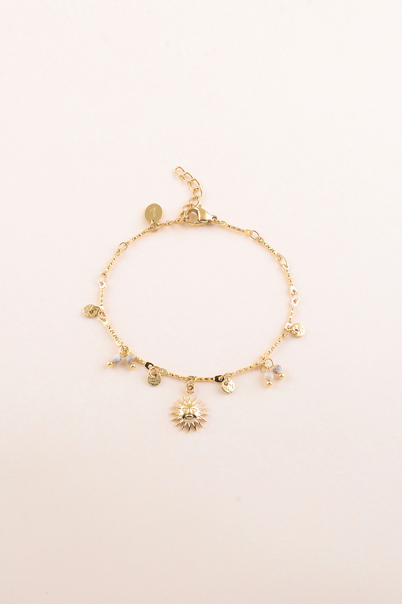 Grossiste Bohm - Bracelet - pastilles rondes martelées, pierres naturelles et pendentif soleil