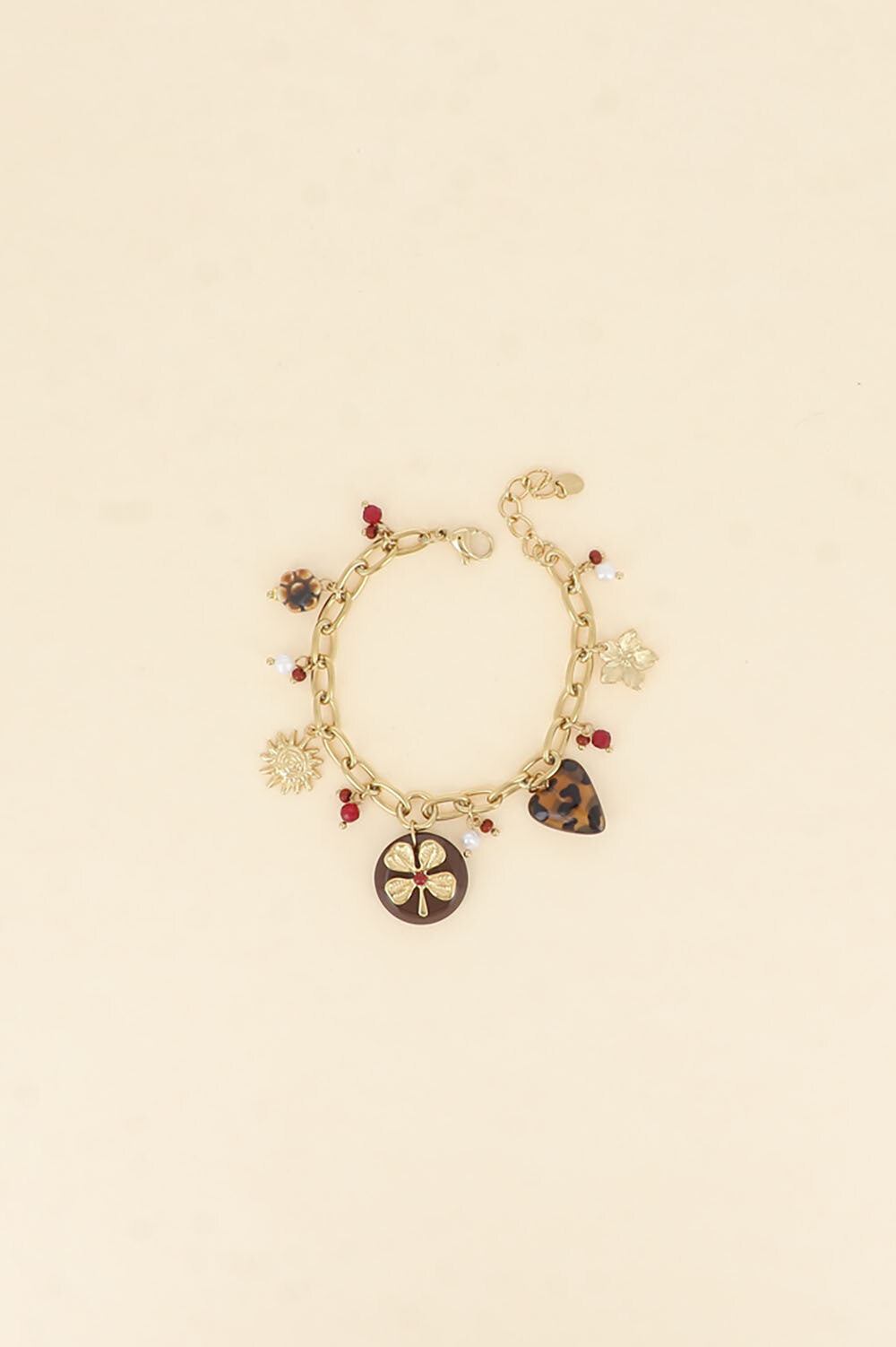 Wholesaler Bohm - Bracelet - enamelled ceramic flower, sun, clover on round resin piece, leopard heart, flower