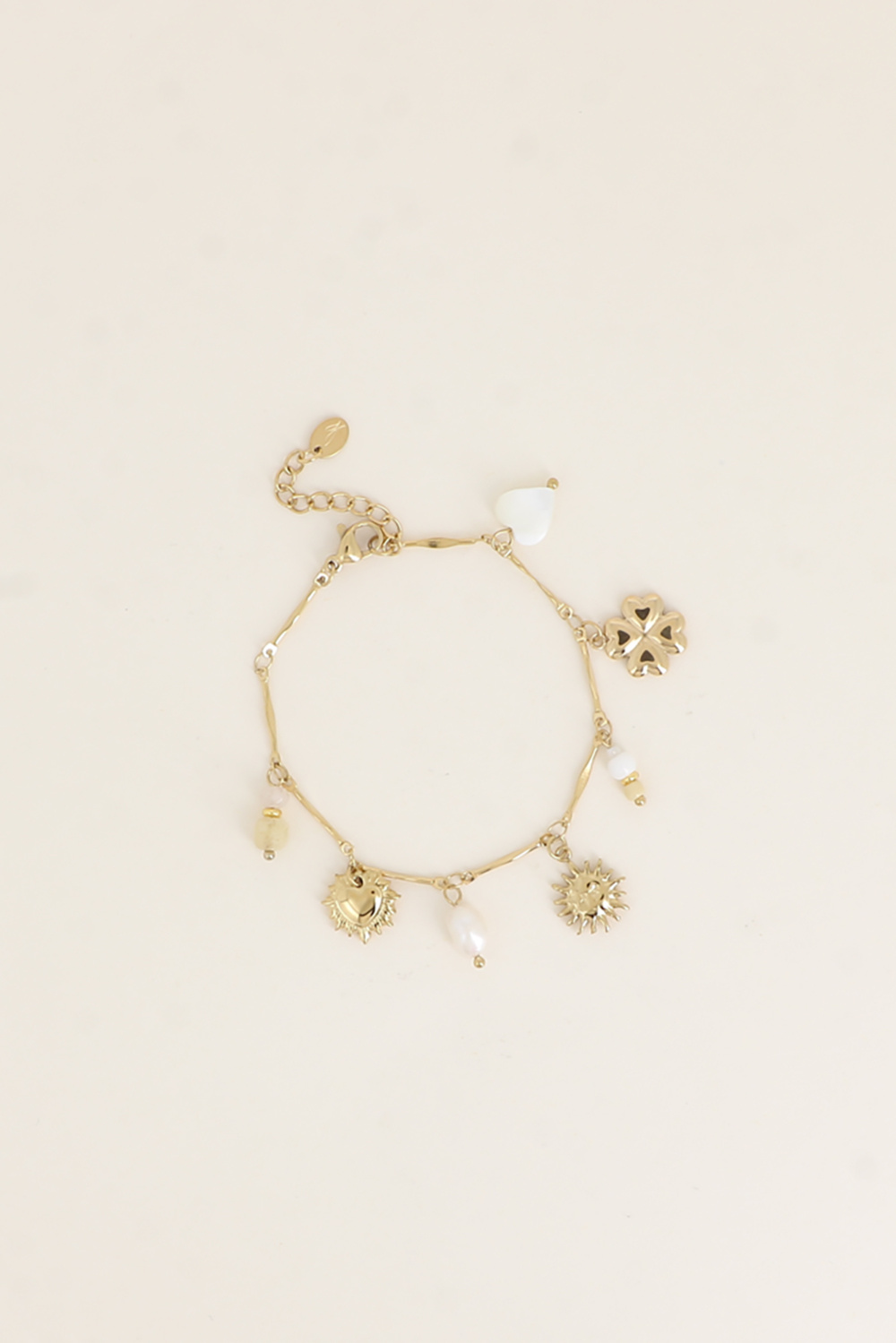 Großhändler Bohm - Armband - Perlmutt-Herz, Kleeblatt, Sonne, Süßwasserperle und Natursteine