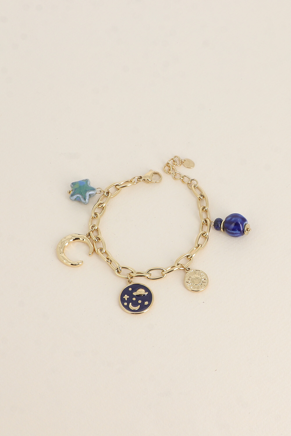 Grossiste Bohm - Bracelet - maille aux anneaux ovales allongés, croissant de lune, perles en céramiques, ciel étoilée émaillée, soleil