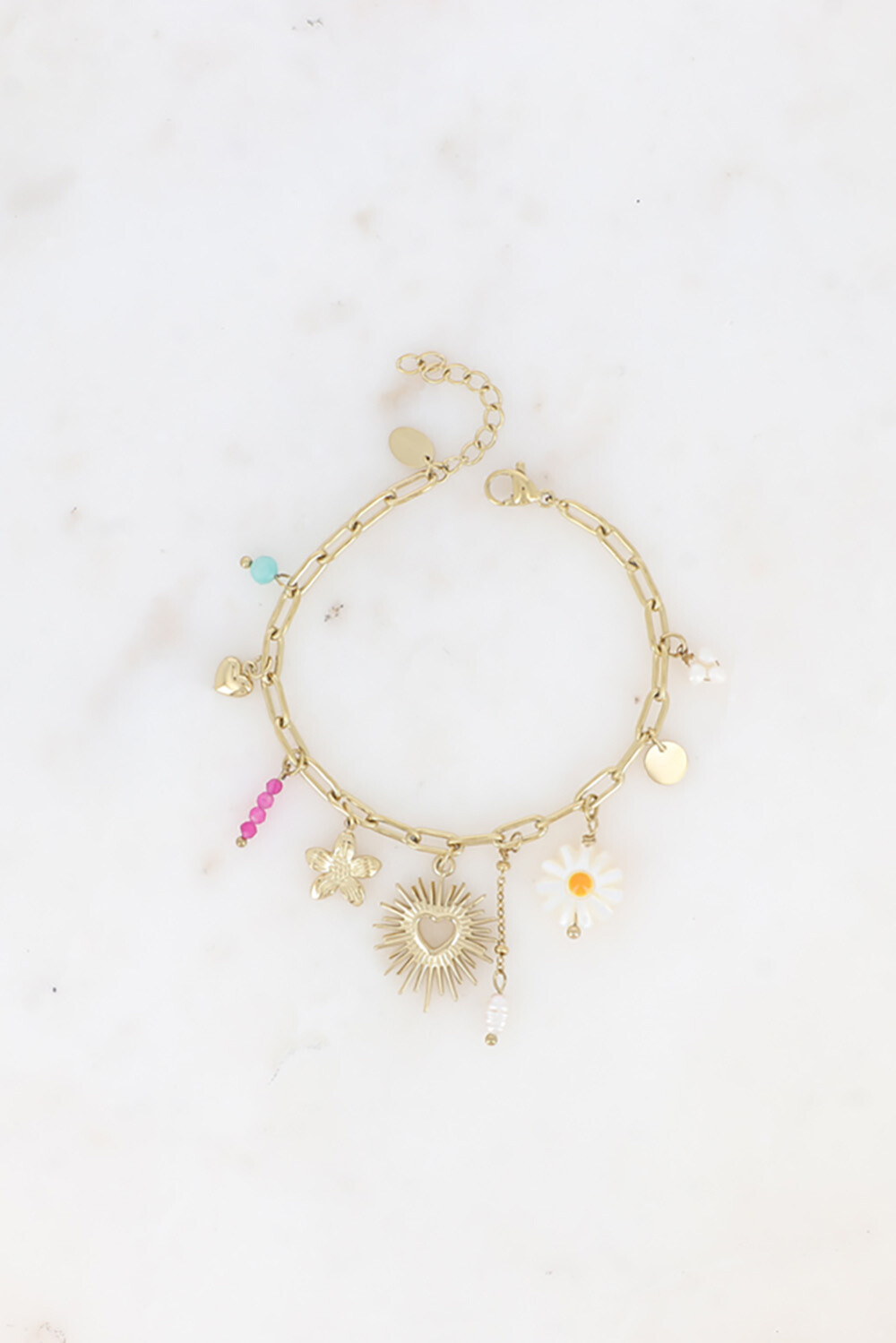 Mayorista Bohm - Pulsera: piedras naturales, corazón abierto, perlas de agua dulce, flores