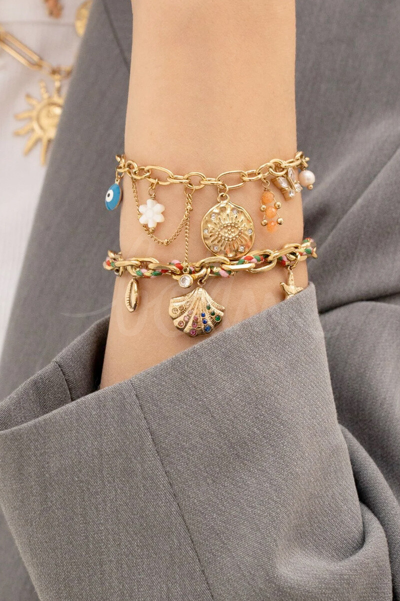 Grossiste Bohm - Bracelet Falia - chaîne, cordon tressé, coquillage avec cristaux, étoile de mer