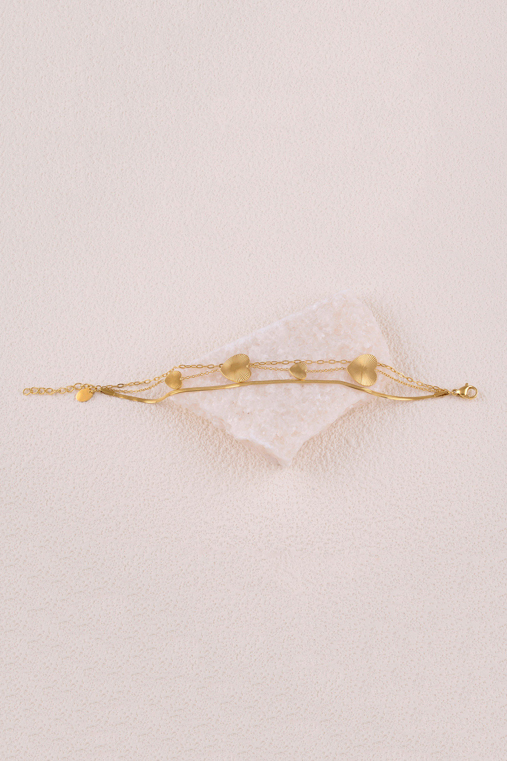 Grossiste Bohm - Bracelet 3 rangs - mailles miroir, forçat et coeurs striés