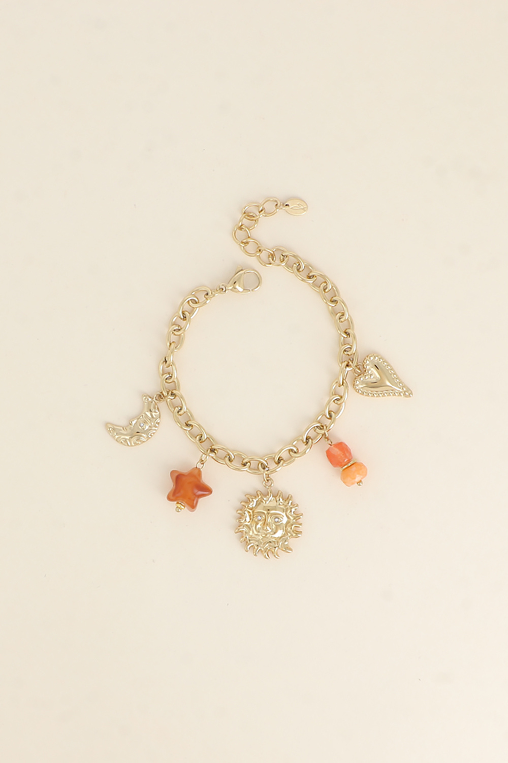 Mayorista Bohm - Pulsera - luna creciente, cuentas de resina, estrella, sol sonriente, corazón