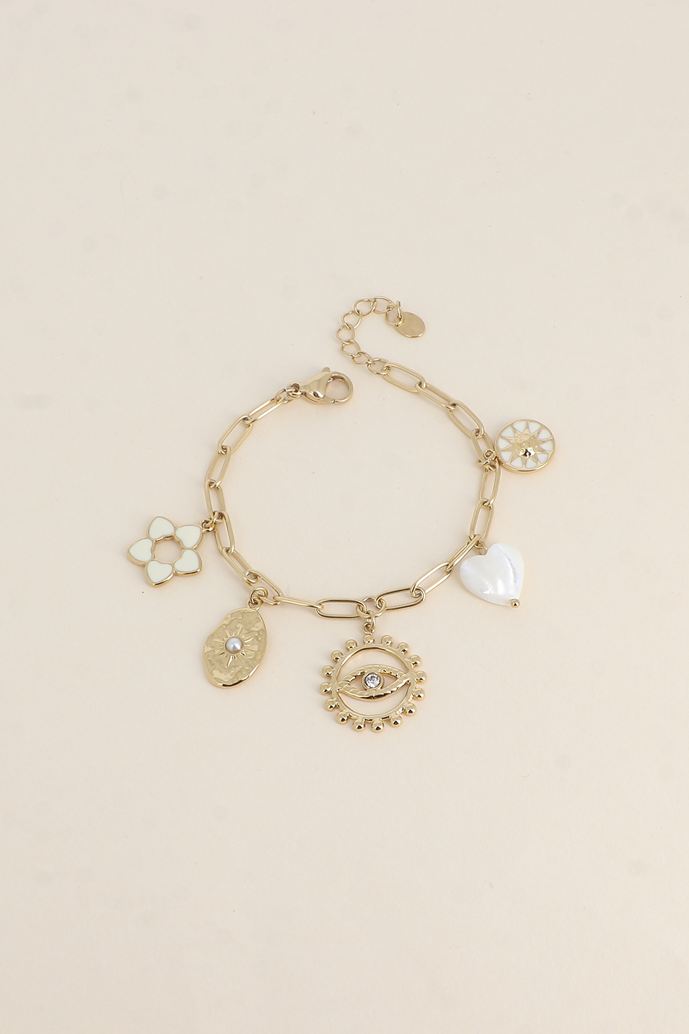 Grossiste Bohm - Bracelet - fleur en émail, soleils, coeur nacré, oeil