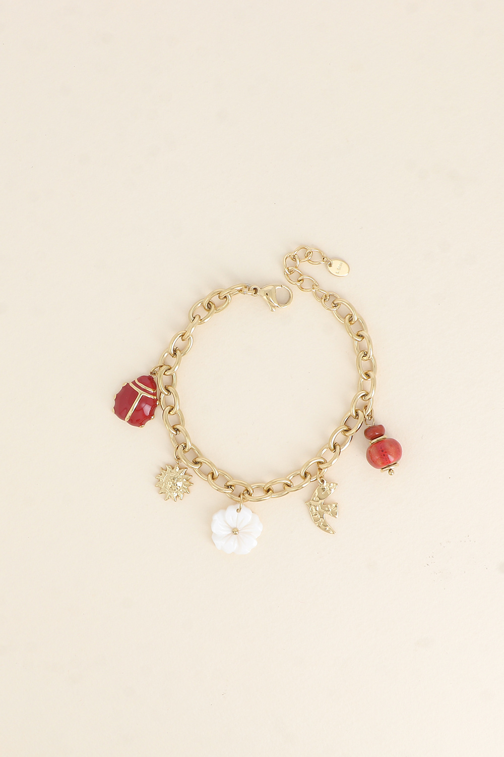 Grossiste Bohm - Bracelet - perles, oiseau, soleil, fleur nacrée, coccinelle émaillée