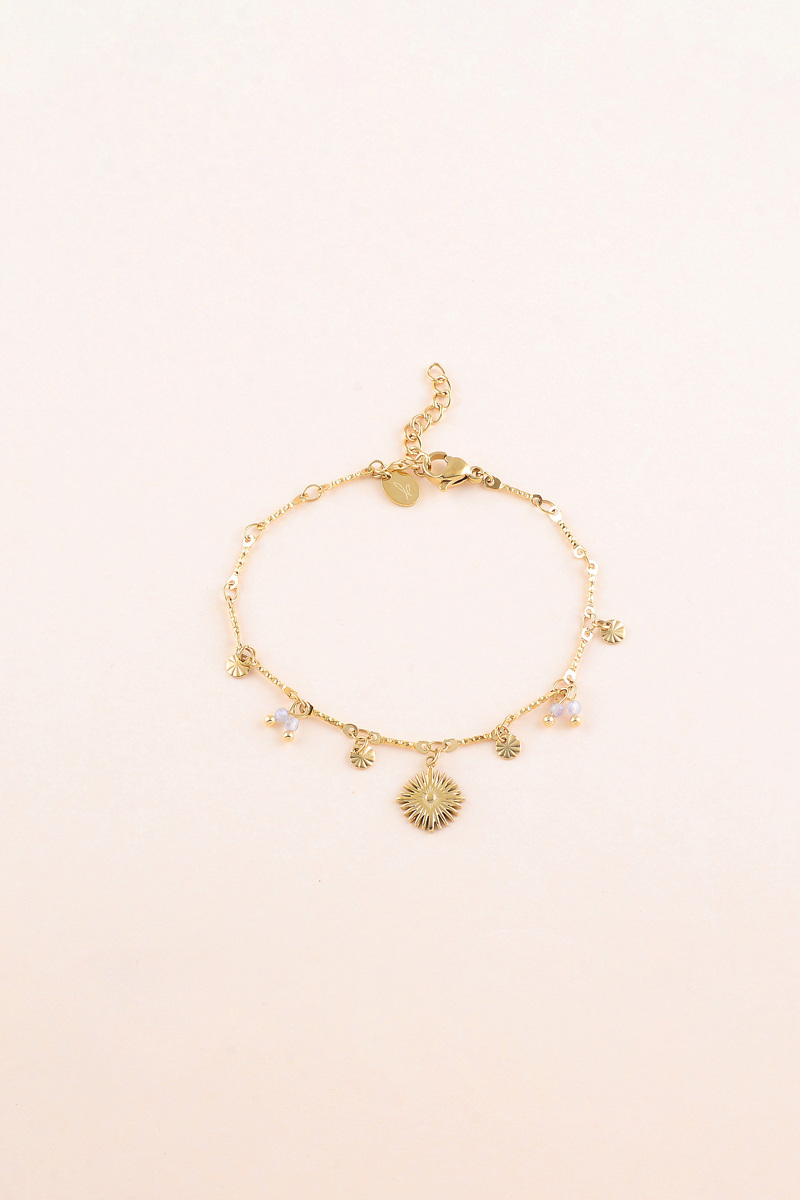 Grossiste Bohm - Bracelet - pastilles rondes martelées, pierres naturelles et pendentif soleil losange