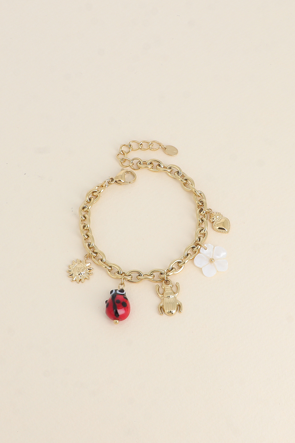 Mayorista Bohm - Pulsera - colgantes (sol, mariquita de cerámica esmaltada, escarabajo, flor de nácar, corazón)